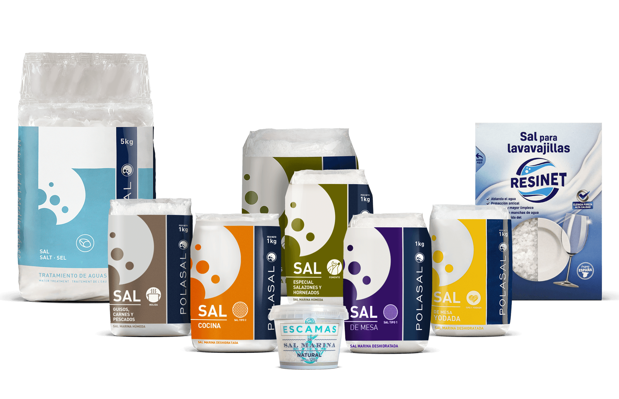 Gama sales marinas Polasal paquetería Bodegón de la gama de productos Polasal