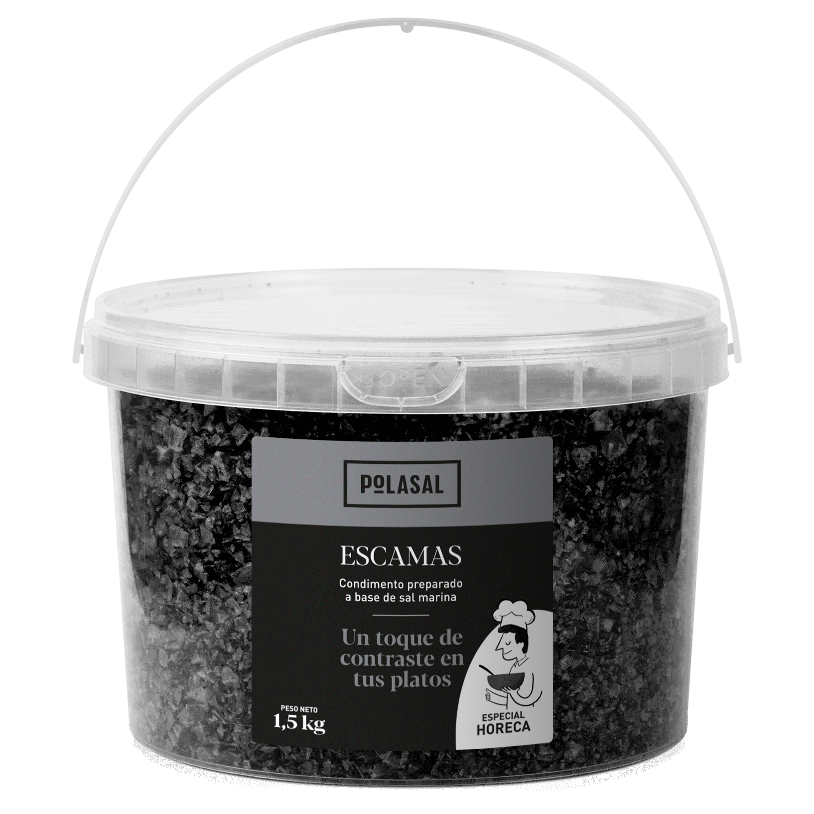 Cubo condimentos escamas carbón vegetal 1,5kg Polasal Horeca